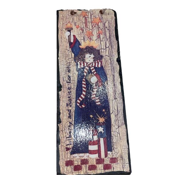 "LIBERTY & JUSTICE FOR ALL" SLATE Hanging PLAQUE Wall SIGN ~Lady Liberty 13.75x6 - Picture 2 of 6